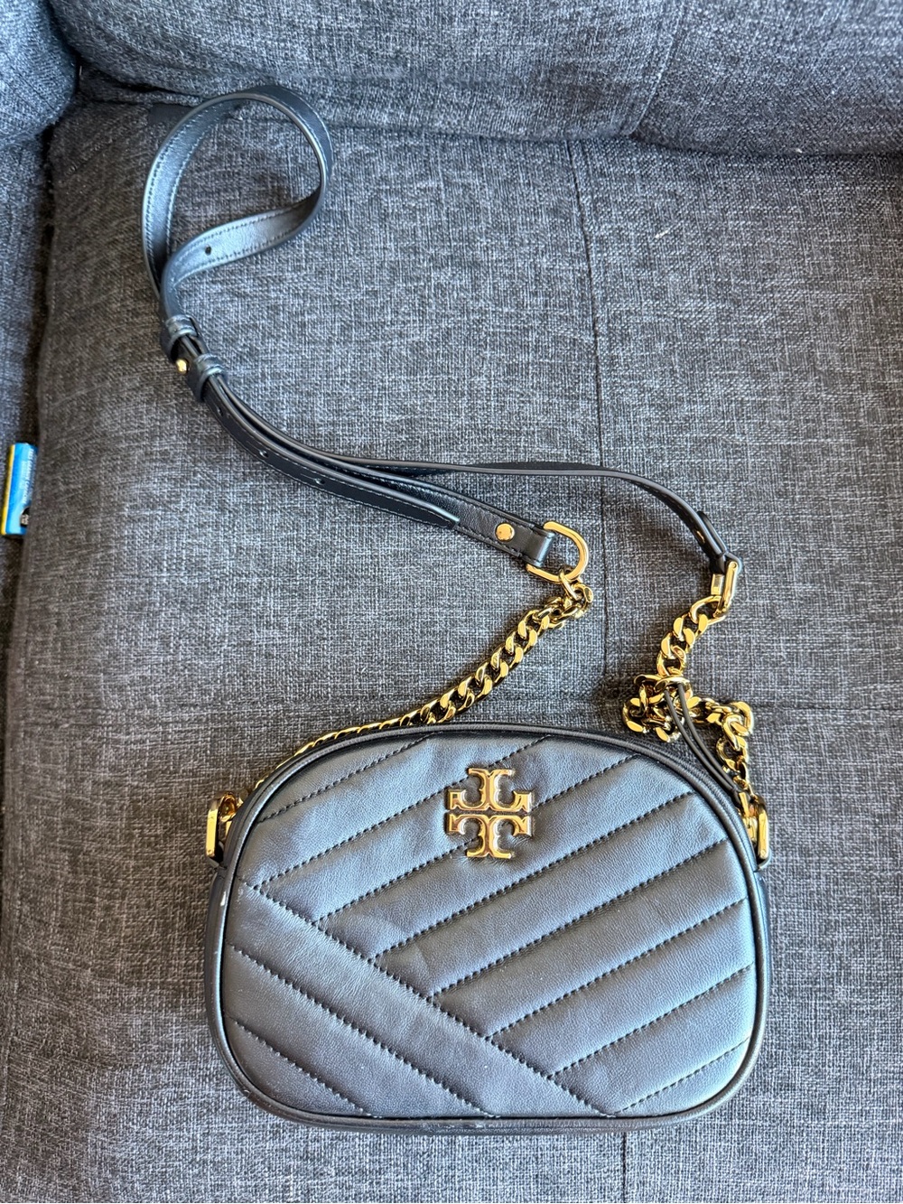 Tory Burch Quilted Black Leather Crossbody with Gold Chain